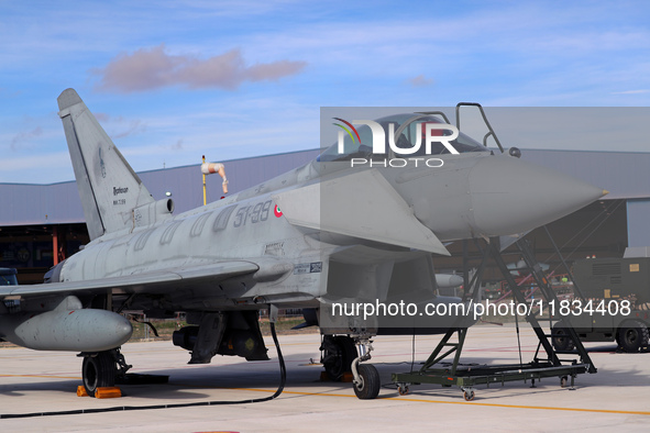 A Eurofighter EF-2000 Typhoon of the Italian Air Force is parked at Los Llanos airport during the Tactical Leadership Programme in Albacete,...