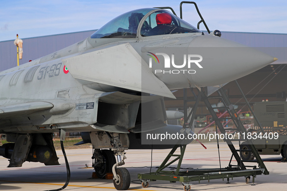 A Eurofighter EF-2000 Typhoon of the Italian Air Force is parked at Los Llanos airport during the Tactical Leadership Programme in Albacete,...