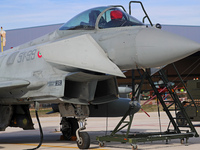 A Eurofighter EF-2000 Typhoon of the Italian Air Force is parked at Los Llanos airport during the Tactical Leadership Programme in Albacete,...