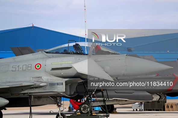 A Eurofighter EF-2000 Typhoon of the Italian Air Force is parked at Los Llanos airport during the Tactical Leadership Programme in Albacete,...