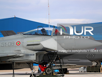 A Eurofighter EF-2000 Typhoon of the Italian Air Force is parked at Los Llanos airport during the Tactical Leadership Programme in Albacete,...