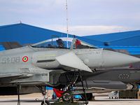 A Eurofighter EF-2000 Typhoon of the Italian Air Force is parked at Los Llanos airport during the Tactical Leadership Programme in Albacete,...