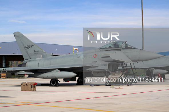 A Eurofighter EF-2000 Typhoon of the Italian Air Force is parked at Los Llanos airport during the Tactical Leadership Programme in Albacete,...