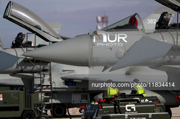 A Eurofighter EF-2000 Typhoon parks at Los Llanos military air base during the Tactical Leadership Programme in Albacete, Spain, on November...