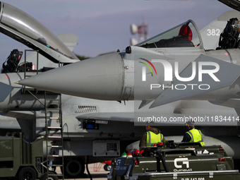 A Eurofighter EF-2000 Typhoon parks at Los Llanos military air base during the Tactical Leadership Programme in Albacete, Spain, on November...