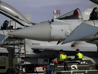 A Eurofighter EF-2000 Typhoon parks at Los Llanos military air base during the Tactical Leadership Programme in Albacete, Spain, on November...