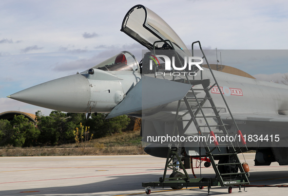 A British Royal Air Force Eurofighter Typhoon FGR.4 is parked at Los Llanos military air base during the Tactical Leadership Programme in Al...