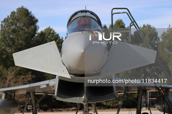 A Eurofighter EF-2000 Typhoon parks at Los Llanos military air base during the Tactical Leadership Programme in Albacete, Spain, on November...