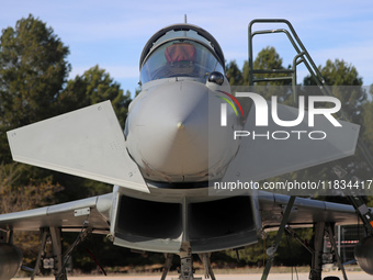 A Eurofighter EF-2000 Typhoon parks at Los Llanos military air base during the Tactical Leadership Programme in Albacete, Spain, on November...