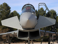 A Eurofighter EF-2000 Typhoon parks at Los Llanos military air base during the Tactical Leadership Programme in Albacete, Spain, on November...