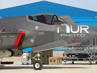 A Lockheed Martin F-35A Lightning II of the Italy Air Force parks at Los Llanos military air base during the Tactical Leadership Programme i...