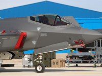 A Lockheed Martin F-35A Lightning II of the Italy Air Force parks at Los Llanos military air base during the Tactical Leadership Programme i...