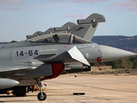 Eurofighter Typhoon EF2000 aircraft of the Spanish Air Force park at Los Llanos military air base during the Tactical Leadership Programme i...