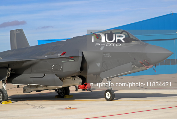 A Lockheed Martin F-35A Lightning II of the Italy Air Force parks at Los Llanos military air base during the Tactical Leadership Programme i...