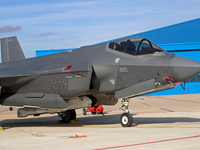 A Lockheed Martin F-35A Lightning II of the Italy Air Force parks at Los Llanos military air base during the Tactical Leadership Programme i...