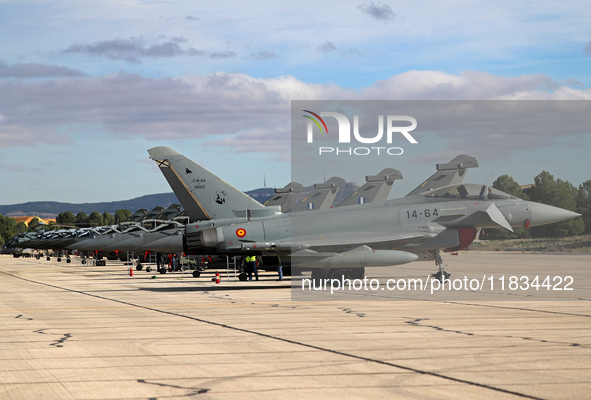 Eurofighter Typhoon EF2000 aircraft of the Spanish Air Force park at Los Llanos military air base during the Tactical Leadership Programme i...