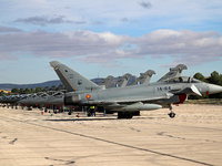 Eurofighter Typhoon EF2000 aircraft of the Spanish Air Force park at Los Llanos military air base during the Tactical Leadership Programme i...