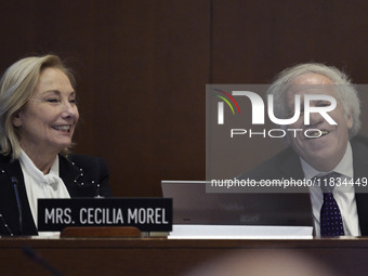 Former Chilean President Sebastian Pinera's wife, Cecilia Morel, and OAS Secretary Luis Almagro pay tribute during an OAS regular meeting in...