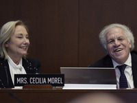 Former Chilean President Sebastian Pinera's wife, Cecilia Morel, and OAS Secretary Luis Almagro pay tribute during an OAS regular meeting in...