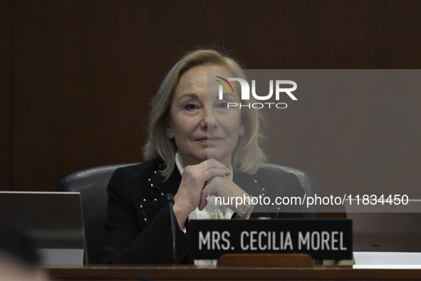 Former Chilean President Sebastian Pinera's wife, Cecilia Morel, and OAS Secretary Luis Almagro pay tribute during an OAS regular meeting in...