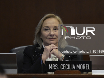 Former Chilean President Sebastian Pinera's wife, Cecilia Morel, and OAS Secretary Luis Almagro pay tribute during an OAS regular meeting in...