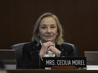 Former Chilean President Sebastian Pinera's wife, Cecilia Morel, and OAS Secretary Luis Almagro pay tribute during an OAS regular meeting in...