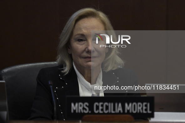 Former Chilean President Sebastian Pinera's wife, Cecilia Morel, and OAS Secretary Luis Almagro pay tribute during an OAS regular meeting in...