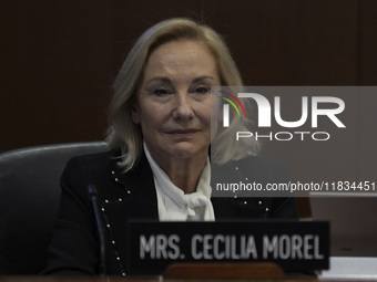 Former Chilean President Sebastian Pinera's wife, Cecilia Morel, and OAS Secretary Luis Almagro pay tribute during an OAS regular meeting in...