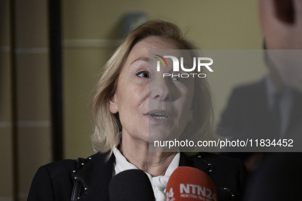 Former Chilean President Sebastian Pinera's wife, Cecilia Morel, speaks with a journalist during an OAS regular meeting in Washington DC, US...