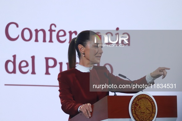 Mexico's President Claudia Sheinbaum speaks during a briefing conference to announce that, as of January 1, 2025, the minimum salary increas...