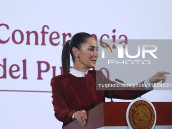 Mexico's President Claudia Sheinbaum speaks during a briefing conference to announce that, as of January 1, 2025, the minimum salary increas...