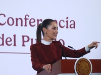 Mexico's President Claudia Sheinbaum speaks during a briefing conference to announce that, as of January 1, 2025, the minimum salary increas...