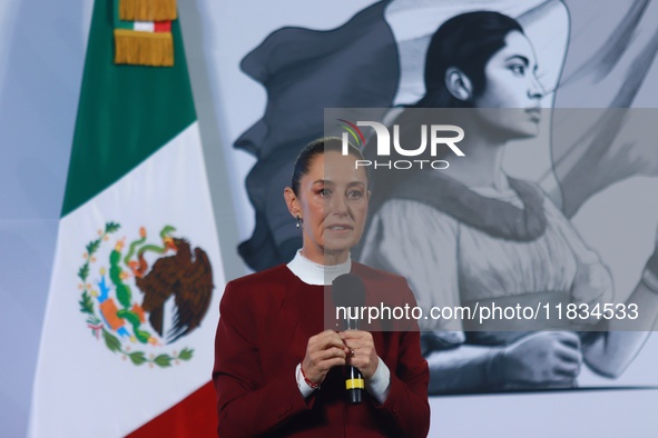 Mexico's President Claudia Sheinbaum speaks during a briefing conference to announce that, as of January 1, 2025, the minimum salary increas...