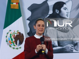 Mexico's President Claudia Sheinbaum speaks during a briefing conference to announce that, as of January 1, 2025, the minimum salary increas...