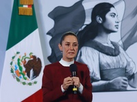 Mexico's President Claudia Sheinbaum speaks during a briefing conference to announce that, as of January 1, 2025, the minimum salary increas...