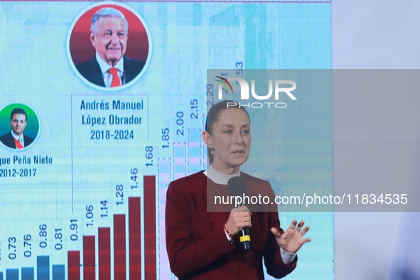 Mexico's President Claudia Sheinbaum speaks during a briefing conference to announce that, as of January 1, 2025, the minimum salary increas...