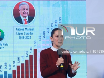 Mexico's President Claudia Sheinbaum speaks during a briefing conference to announce that, as of January 1, 2025, the minimum salary increas...