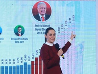 Mexico's President Claudia Sheinbaum speaks during a briefing conference to announce that, as of January 1, 2025, the minimum salary increas...