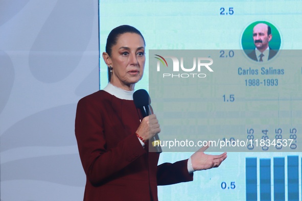 Mexico's President Claudia Sheinbaum speaks during a briefing conference to announce that, as of January 1, 2025, the minimum salary increas...