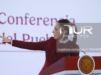 Mexico's President Claudia Sheinbaum speaks during a briefing conference to announce that, as of January 1, 2025, the minimum salary increas...