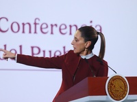 Mexico's President Claudia Sheinbaum speaks during a briefing conference to announce that, as of January 1, 2025, the minimum salary increas...