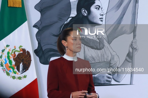 Mexico's President Claudia Sheinbaum speaks during a briefing conference to announce that, as of January 1, 2025, the minimum salary increas...