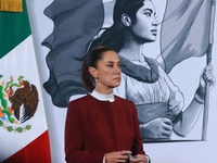 Mexico's President Claudia Sheinbaum speaks during a briefing conference to announce that, as of January 1, 2025, the minimum salary increas...