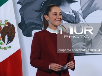 Mexico's President Claudia Sheinbaum speaks during a briefing conference to announce that, as of January 1, 2025, the minimum salary increas...