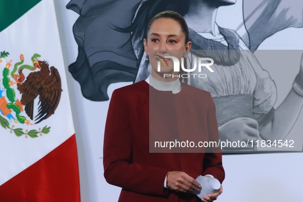 Mexico's President Claudia Sheinbaum speaks during a briefing conference to announce that, as of January 1, 2025, the minimum salary increas...