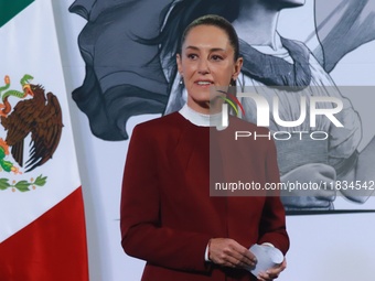 Mexico's President Claudia Sheinbaum speaks during a briefing conference to announce that, as of January 1, 2025, the minimum salary increas...