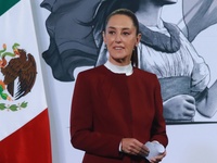 Mexico's President Claudia Sheinbaum speaks during a briefing conference to announce that, as of January 1, 2025, the minimum salary increas...