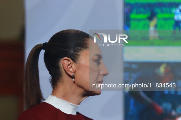 Mexico's President Claudia Sheinbaum speaks during a briefing conference to announce that, as of January 1, 2025, the minimum salary increas...