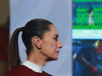 Mexico's President Claudia Sheinbaum speaks during a briefing conference to announce that, as of January 1, 2025, the minimum salary increas...