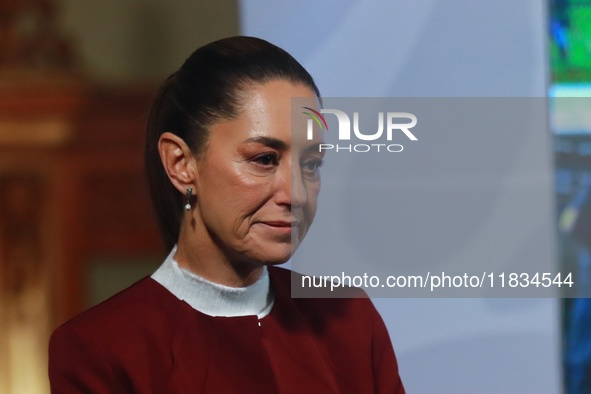 Mexico's President Claudia Sheinbaum speaks during a briefing conference to announce that, as of January 1, 2025, the minimum salary increas...